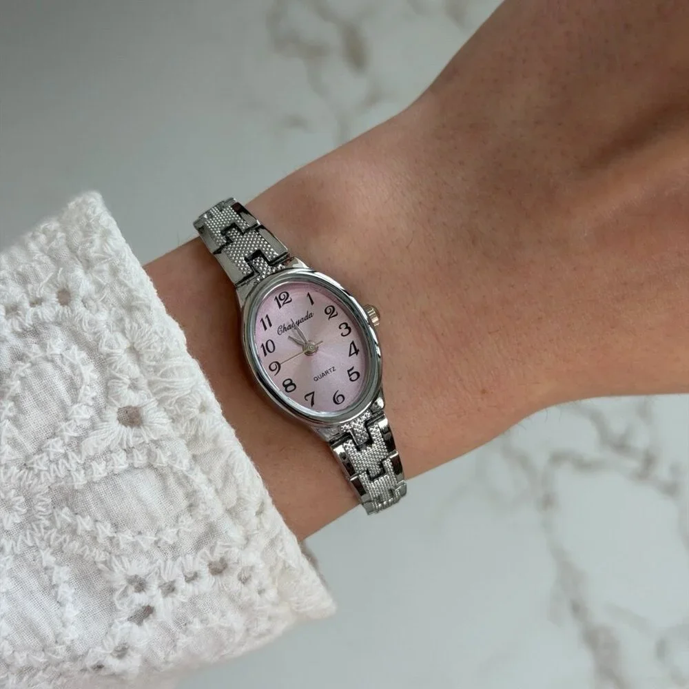 SKU0507‎ Retro Silver/Pink Women Oval Casual Watch Stainless steel + gift bag